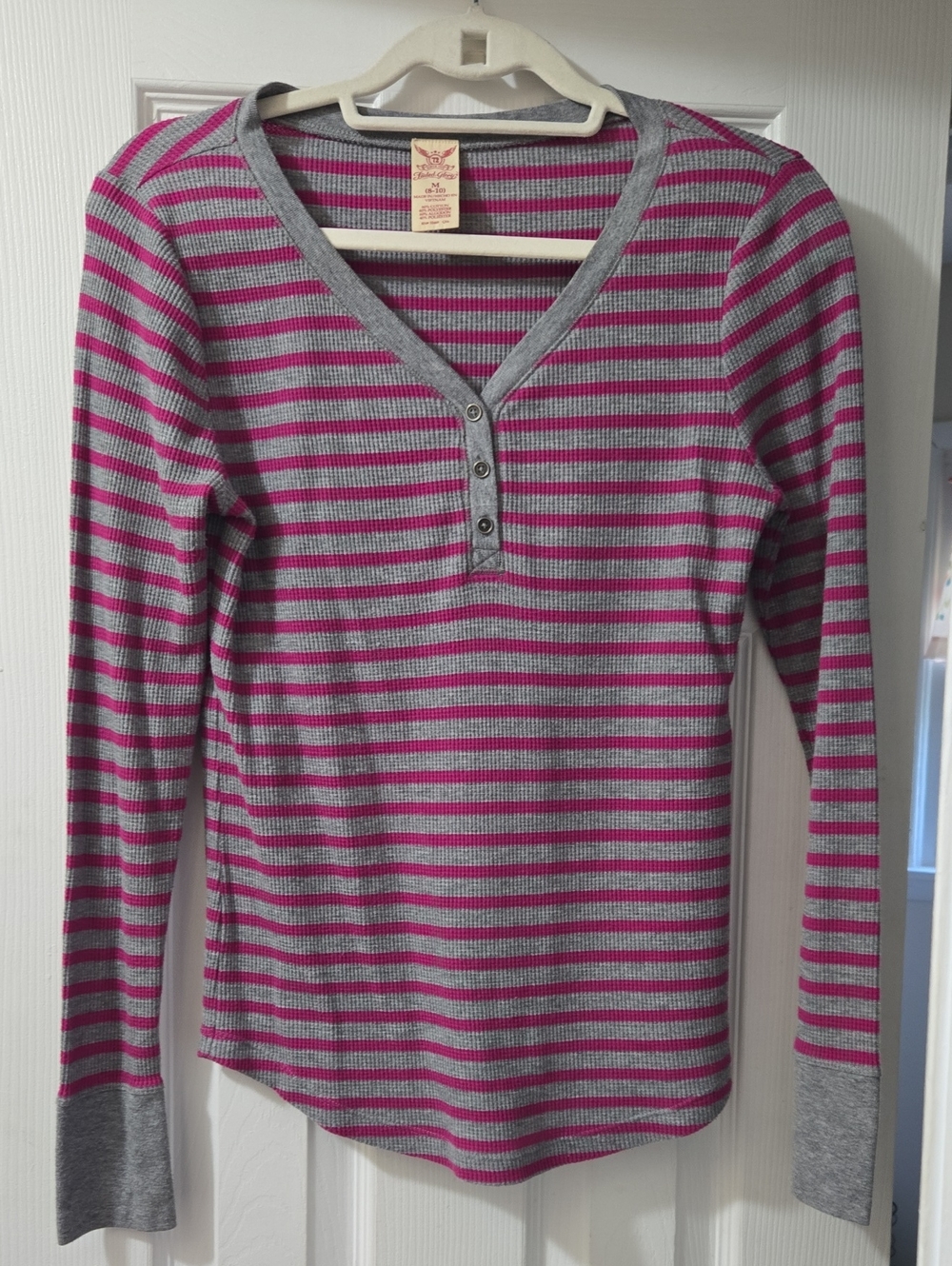 Faded Glory Gray and Magenta Striped Henley Long-Sleeve Top